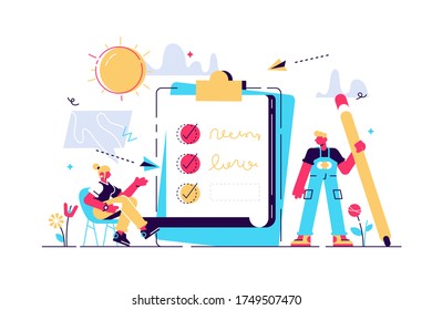 Concept people fill out a form, application form for employment. people select a resume for a job for web page, presentation and social media documents. Vector illustration employee writes a summary