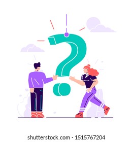 Concept people frequently asked questions around question marks. Answer to question metaphor. Flat character vector illustration of FAQ and Q&A for landing page, banner, template, ui, web, mobile app.