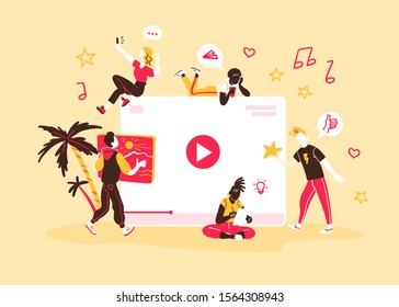 Concept for people generating and watching different internet content types. Bloggers, copywriters, designers  freelancers making online video, photo and other projects. Vector flat illustration.