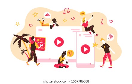 Concept for people generating and watching different internet content types. Bloggers, copywriters, designers  freelancers making online video, photo and other projects. Vector flat illustration.