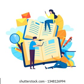 Concept of people get education at a distance. elements of the graph on the books, a girl sitting with a smartphone. stylish flat design for posters, flyers, cards, web banners. vector illustration