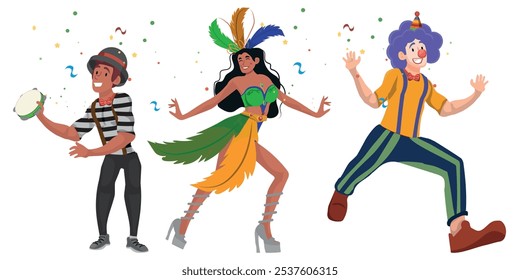 conceito de gente se divertindo no carnaval, personagens de carnaval brasileiro com figurinos. ilustração vetorial.