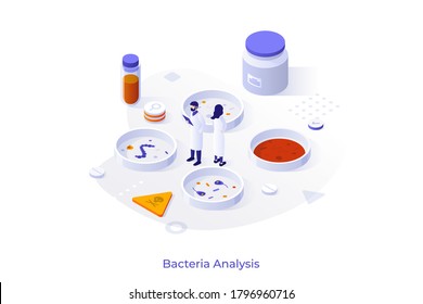 Concepto con gente en gabinetes de laboratorio y platos de Petri con bacterias. Experimento bacteriológico, investigación científica en microbiología. Plantilla de diseño de infografía isométrica. Ilustración vectorial moderna.