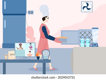 Concept people making cake, lifestyle quarantine. woman wearing kitchen clothes walking holding a tray of snacks Go straight to the microwave oven to bake the cake.Vector illustration flat call friend