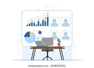 Concept People making project presentation by showing graphs on flipchart and showing laptop, Brainstorming, business presentation concept. flat vector illustration on white background.