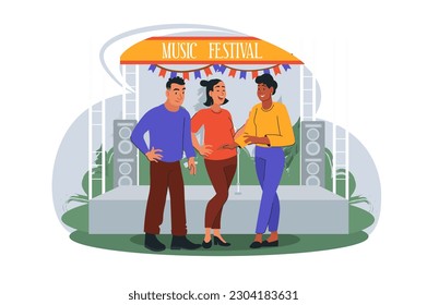Concept people on the music fest scene in the flat cartoon design. A group of friends came to a music festival to have fun. Vector illustration.