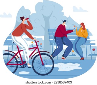 Concept people park, city walk, summer vacation activity, young couple together, design, cartoon style vector illustration.