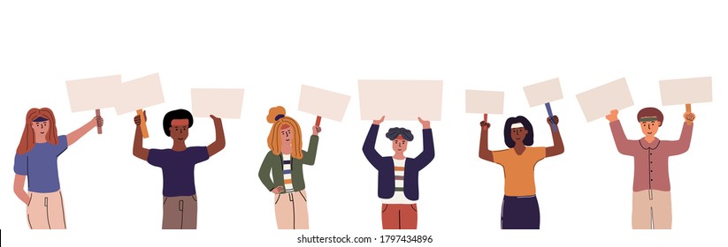 Concept people protest. The people holding blank banners. Vector illustration in flat cartoon design. Activists demonstration, empty sign, political revolution, demonstrate. 