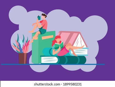 concept of people reading books sitting on big books as construction on the background with elements of nature