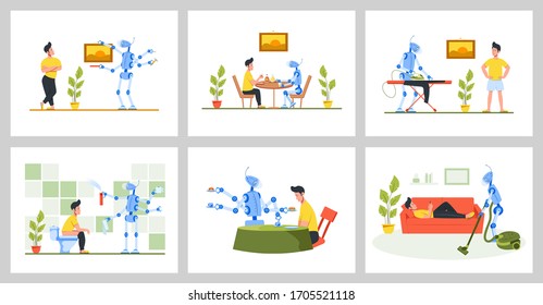 Concept - people relax, robots work. Front and side view. Color vector cartoon flat illustration.