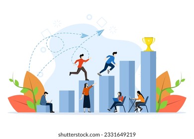 concept of people running to their goal in columns, motivation moving up, teamwork to achieve business goals. way to reach target, flat vector illustration on purih background.