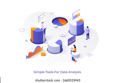 Concept with people sitting on giant diagrams or charts and analyzing statistical information. Future of big data analysis, financial forecasting. Isometric vector illustration for website.