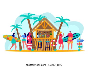 Concept of people surfing  with surfboards. Young women amd men enjoying vacation on the sea, ocean, beach bar. Concept of summer sports and leisure outdoor activities, walking. Flat vector