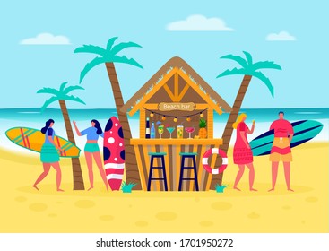 Concept of people surfing  with surfboards. Young women amd men enjoying vacation on the sea, ocean, beach bar. Concept of summer sports and leisure outdoor activities, walking. Flat vector