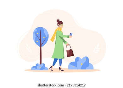 Concept People use gadgets with people scene in the flat cartoon design. Girl uses smartphone to take a selfie against the background of trees. Vector illustration.