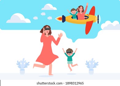 Concept people using VR headsets at home. Woman and kid looking to VR technology for an escape. Happy family day. Boy play game at home. Measure safety from corona virus. Flat Sign and symbol. Vector