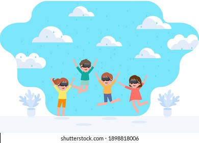 Concept people using VR headsets at home. Kid looking to VR technology for an escape. Boy and girl play game at home. Measure safety from corona virus. Flat Sign and symbol. Vector