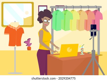 Concept people vlog livestream, lifestyle quarantine. woman wearing glasses going live selling fashion clothes at home, blogger, clothes, dress up and beauty. Vector flat illustration 