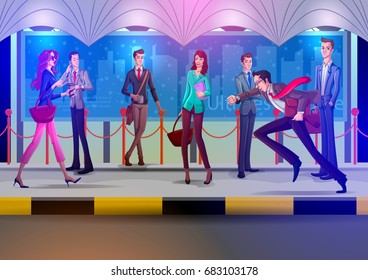 Concept of people waiting on bus stop. Vector illustration