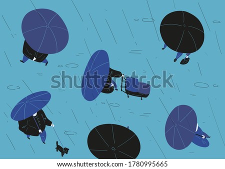 The concept of people walking in the rain. Different people are walking down the street with an umbrella. A woman with a stroller, a man with a dog, shopping. Bad weather forecast. Vector hand-drawn.