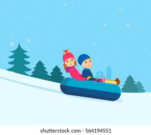 Concept - people and winter sports. Brother and sister a rolling down the mountain slope on inflatable sled-cheesecakes. Vector illustration. Can be used in banner, mobile app, design.