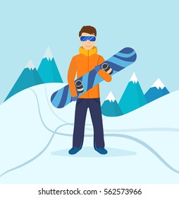 Concept - people and winter sports. The young man in winter clothes and sunglasses, standing on the slope of the mountain, holding in the hands of a snowboard. Vector illustration.