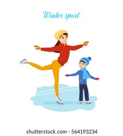 Concept - people and winter sports. Young mother with a young son ride on the rink together in winter clothes. Vector illustration. Can be used in banner, mobile app, design.