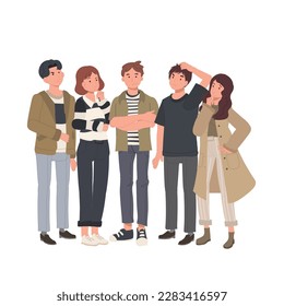  Concept of people wondering or thinking. Male and female characters standing and thinking together. Flat cartoon vector illustration