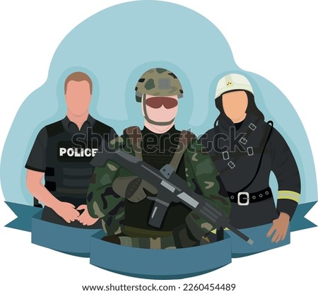 concept of people working in critical infrastructure fireman rescuer policeman military vector illustration