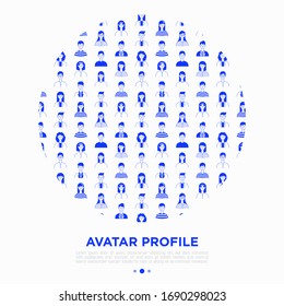 Concepto de avatares de personas en forma circular. Gente caucásica, joven y feliz con ropa informal. Ilustración vectorial en estilo plano.