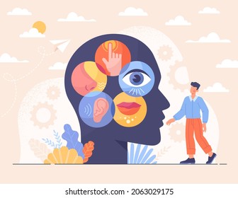 Concept of perception. Man next to silhouette of head. Sense organs, knowledge of world, hearing, sight, taste, smell, sensitivity. Empathy metaphor, communication. Cartoon flat vector illustration