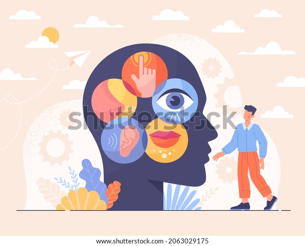 Concept of perception. Man next to\
silhouette of head. Sense organs, knowledge of world, hearing,\
sight, taste, smell, sensitivity. Empathy metaphor, communication.\
Cartoon flat vector\
illustration