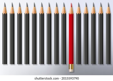 Concept of performance, with symbol, a red pencil equipped with a gum, which comes out of the lot in the middle of several black pencils.