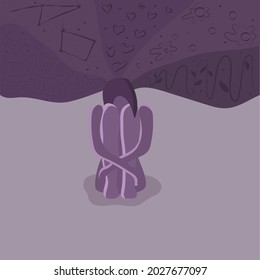 The concept of a person in depression, in psychological problems, panic attacks, stress, fear and pain. The vector is made in a flat style. A person with mental disabilities. 