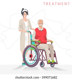 Concept of  person disability. Senior disabled man in wheelchair and social worker isolated on white background. Vector flat illustration.
