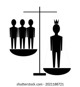 The concept person with narcissistic personality disorder about himself, his ego, self-esteem and vanity. On the scales are people on one side of the collective and on the other a man in a crown. 