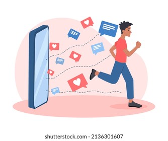 Concept of person overwhelmed by internet notifications. Young man runs away from large smartphone with messages, likes, speech bubble and social networks. Cartoon modern flat vector illustration