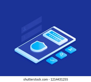 Concept personal data protection. Cyber security and privacy. Traffic Encryption, VPN, Privacy Protection Antivirus. Modern vector illustration in isometric style.