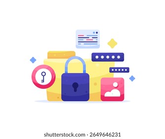 um conceito de proteção de dados pessoais. proteção e segurança de criptografia para proteger dados e arquivos de informações. ilustração de uma pasta com senha, cadeado, símbolo de imagem e chave. estilo simples