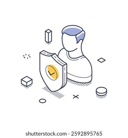 Concept of personal data protection, featuring a shield symbolizing security alongside a figure representing an individual. Modern isometric line art vector illustration