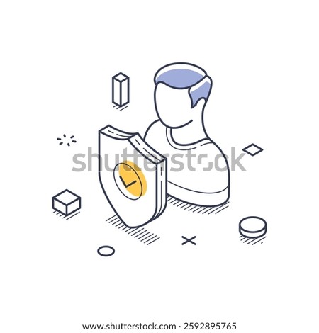 Concept of personal data protection, featuring a shield symbolizing security alongside a figure representing an individual. Modern isometric line art vector illustration