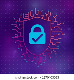 Concept of personal data protection. Concept of firewall protection, privacy access, private data, safety service or system image. Fingerprint scanning on circuit board vector illustration.