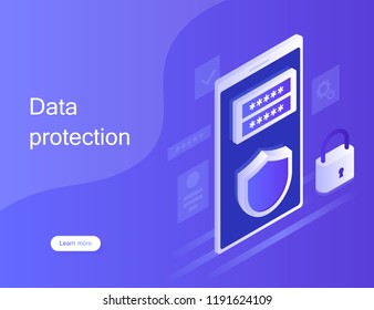 Concept personal data protection, web banner. Cyber security and privacy. Traffic Encryption, VPN, Privacy Protection Antivirus. Modern vector illustration in isometric style.
