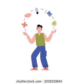 Concept of personal development, growth and self improvement. Happy man juggle symbols of knowledge, talents and achievement. Flat cartoon vector illustration isolated on white