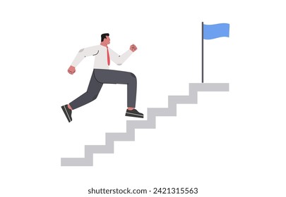 Concept of personal growth. Career development. Business man running career stairs. Flat vector illustration isolated on white background.
