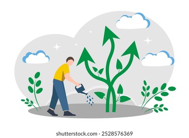 The concept of personal growth. Man watering plant with arrows