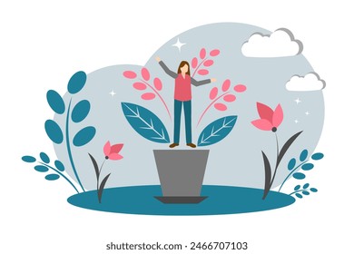 The concept of personal growth. Woman in a flower pot. Personality development