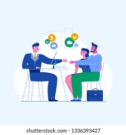 The concept of personal loans, credit department. A family couple shakes hands with an agent. Illustration of credit approval or conclusion of the contract. Vector flat illustration.