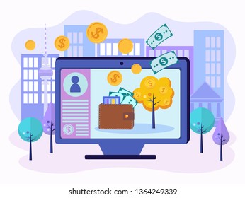 The Concept Of Personal Savings, Online Transactions, Payments And Banking, Personal Account Financial Transactions, Shopping In The Big City Vector Illustration