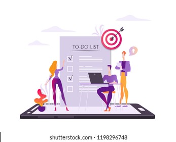 Concept of personal time planning, time management training, mobile to-do lust app. Modern flat vector illustration isolated on white background